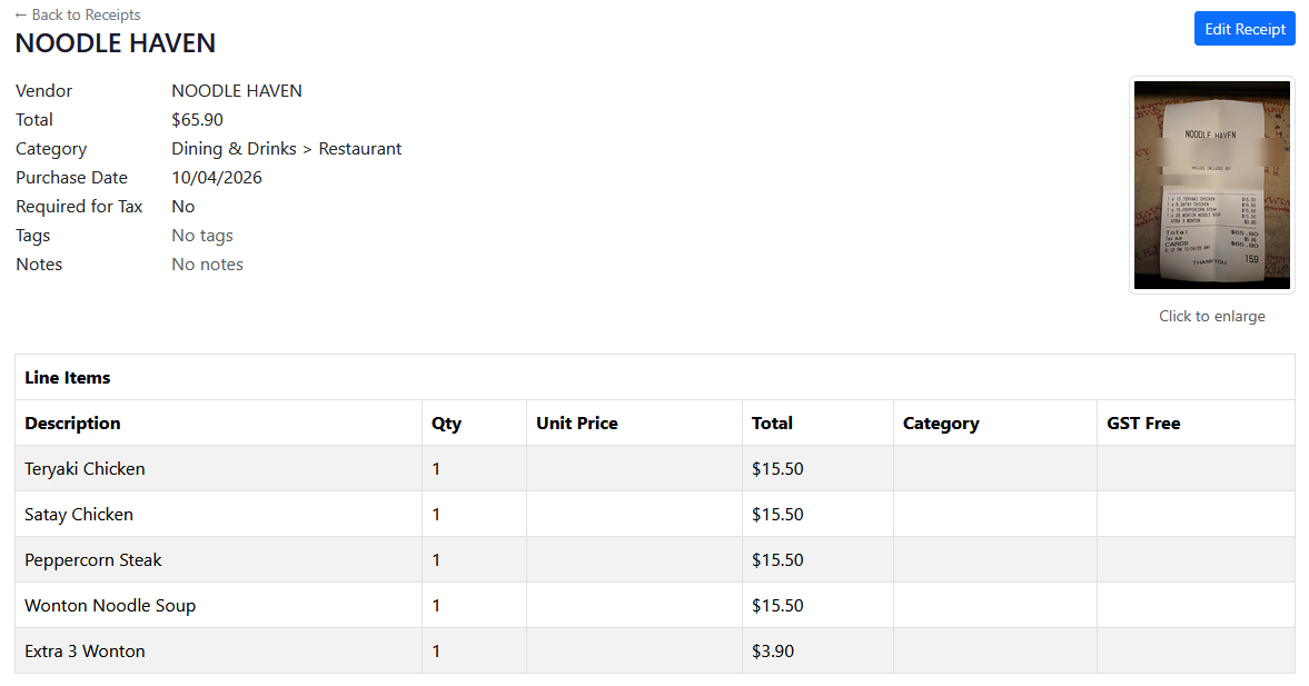 Receipt detail view showing AI-extracted vendor, date, amount, and individual line items with categories