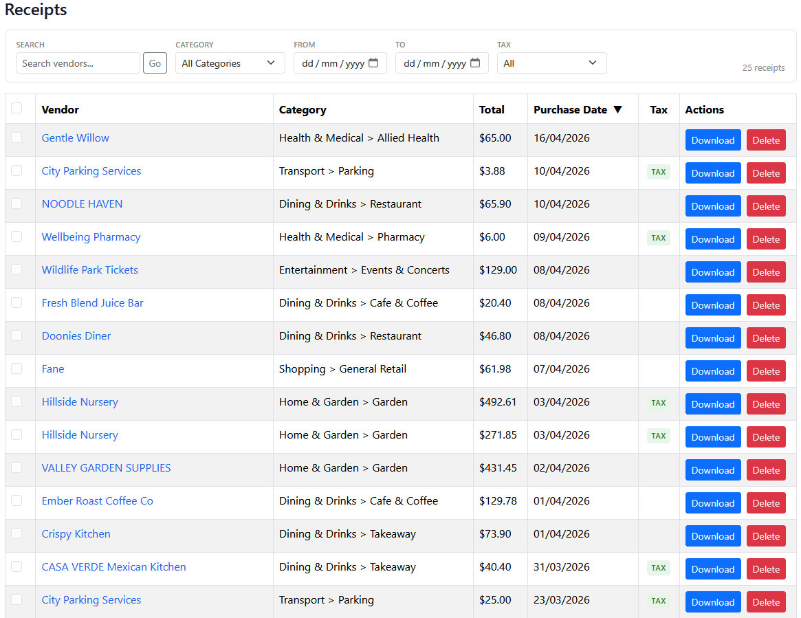 Noulio — receipt list showing categorised receipts with vendor names, dates, and amounts